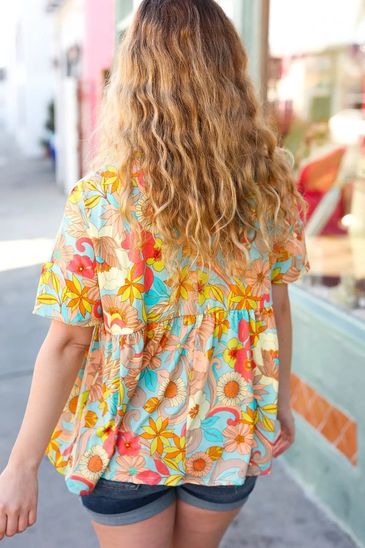 Peach & Aqua Floral Babydoll Top by Haptics