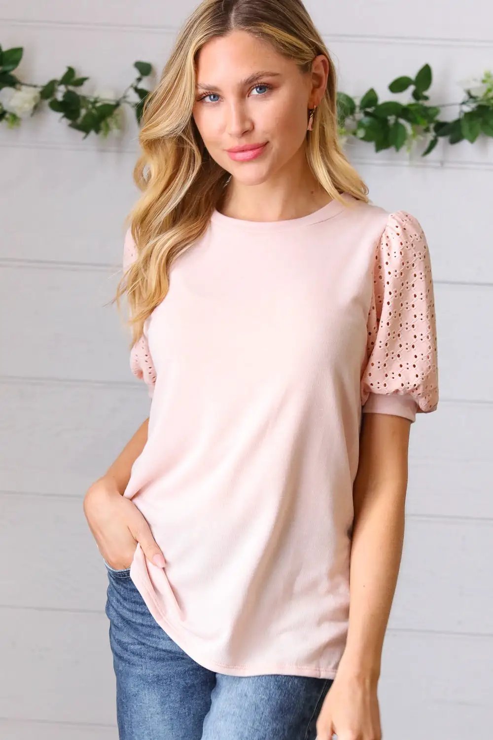 Peach Eyelet Puff Sleeve French Terry Top by Haptics