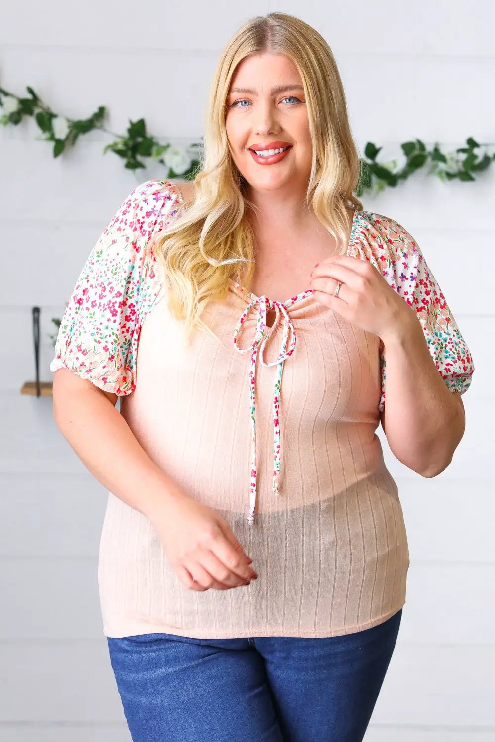 Peach & Floral Tie Neck Bubble Sleeve Top by Sugarfox