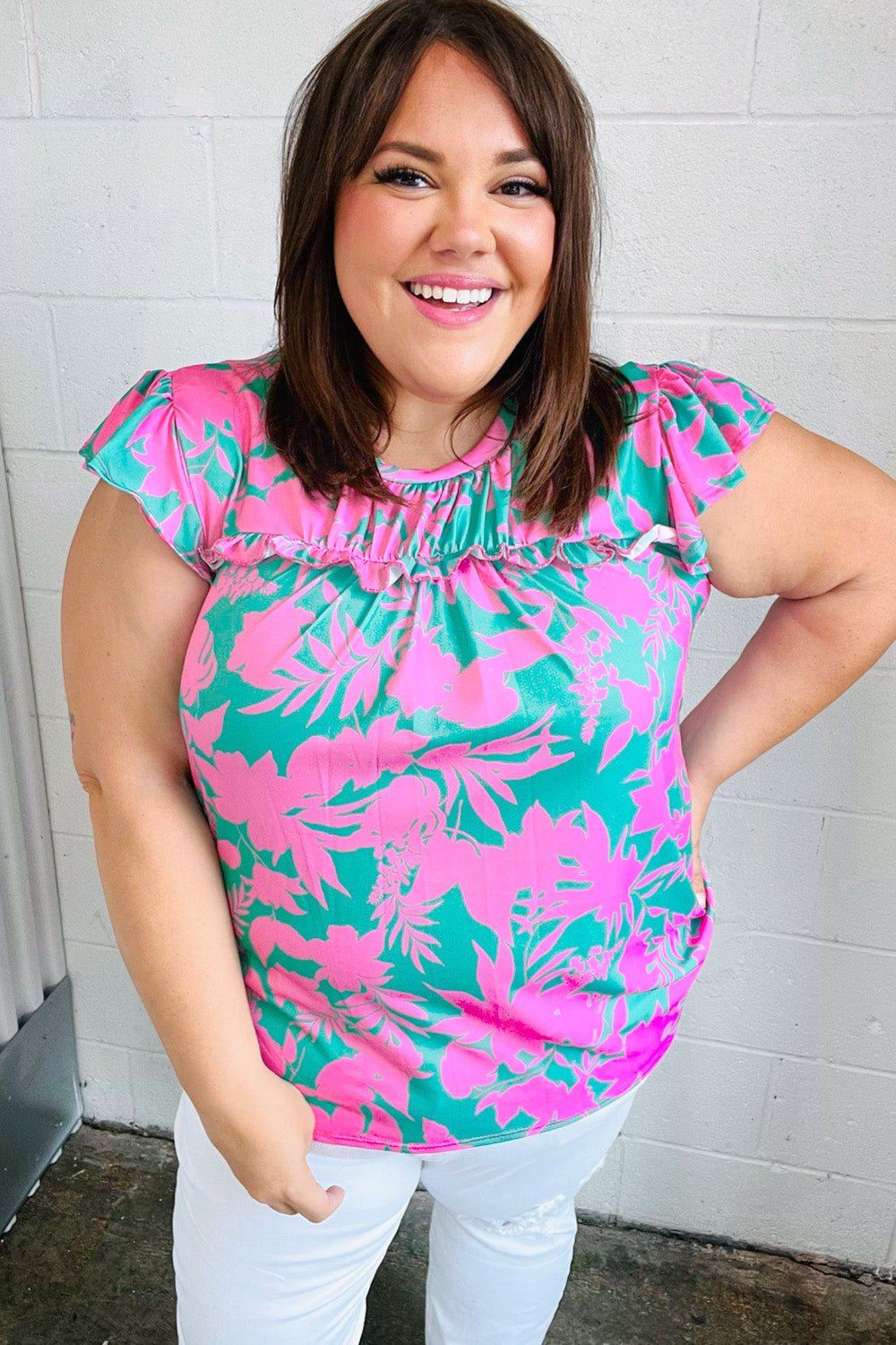 Pink & Green Floral Print Frilled Short Sleeve Yoke Top - Bitsy Gypsy Boutique