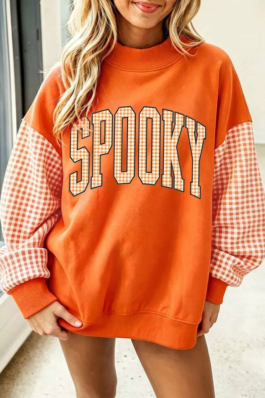 Plaid Contrast Sleeve SPOOKY Letter Graphic Sweatshirt - Bitsy Gypsy Boutique