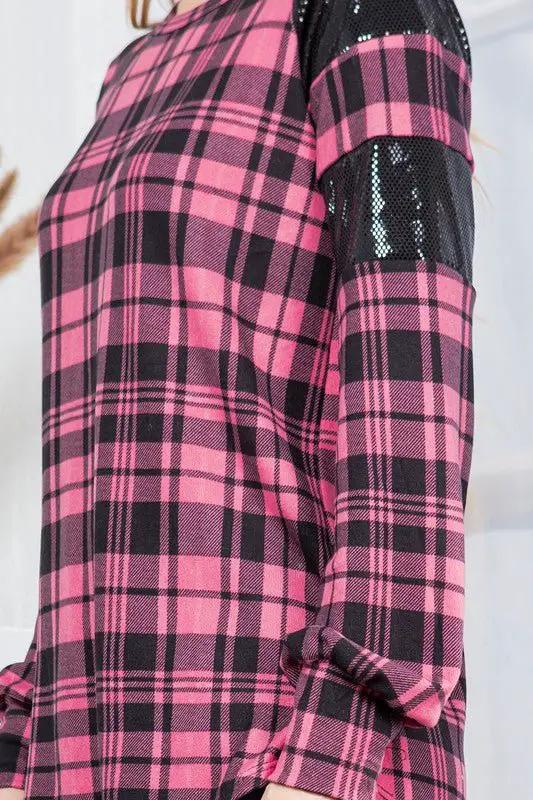 Plaid Print Pullover with Sequin Foil Contrast by Orange Farm Clothing