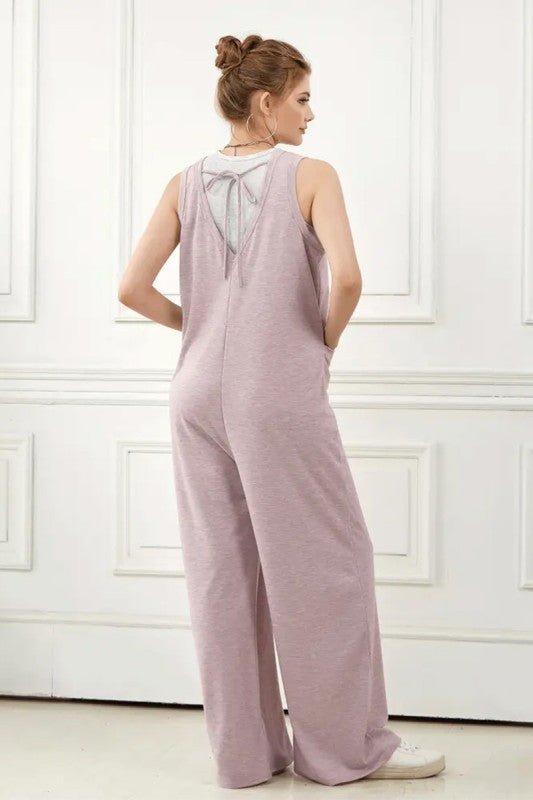 Plus Oversized Patched Pocket V - Neck Jumpsuit - Bitsy Gypsy Boutique