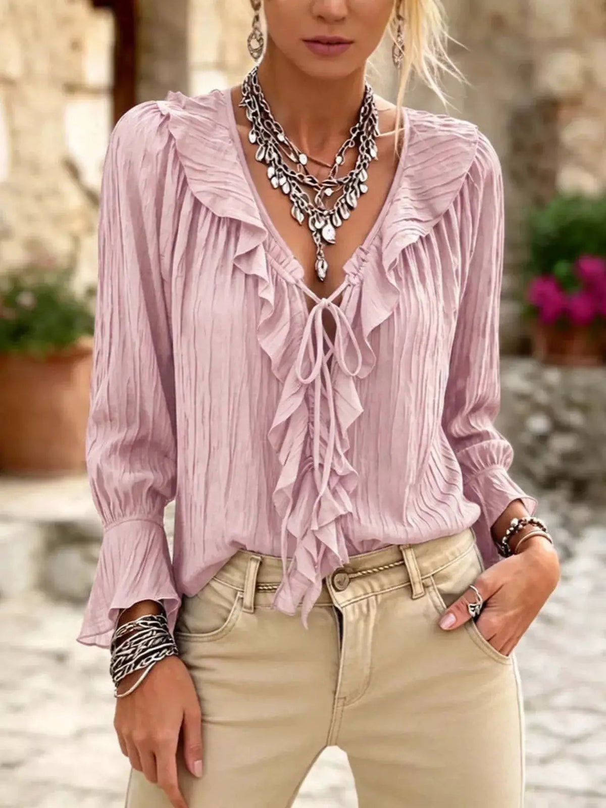Plus Size Brown Ruffled Tie Neck Long Sleeve Blouse - Bitsy Gypsy Boutique
