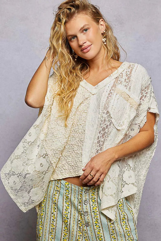 POL Asymmetrical V - Neck Short Sleeve Lace Top - Bitsy Gypsy Boutique