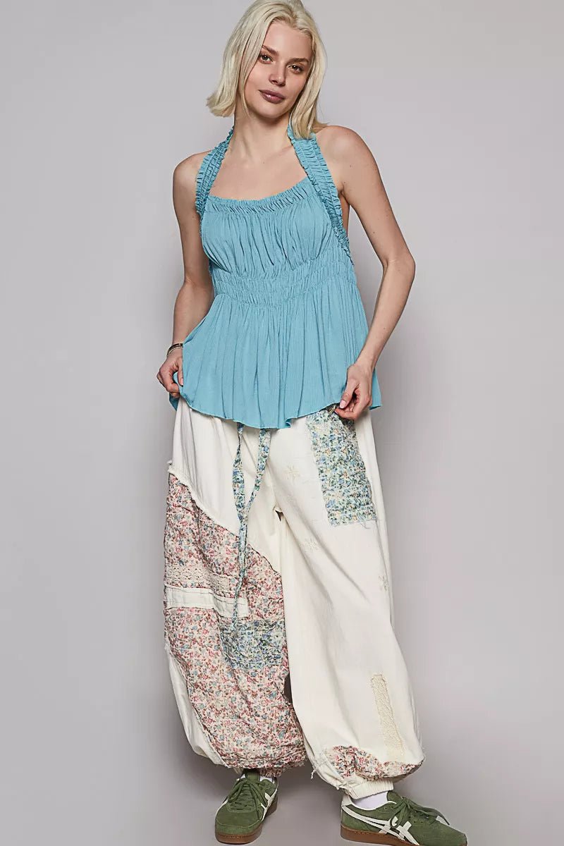 POL Backless Halter Sleeveless Top with Smocking Shirring Detail - Bitsy Gypsy Boutique