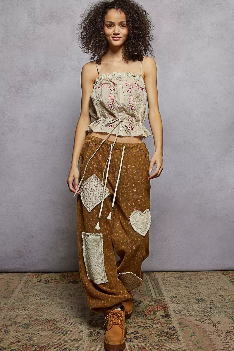 POL Button Down Floral Embroidered Cropped Cami with Lace Detail - Bitsy Gypsy Boutique