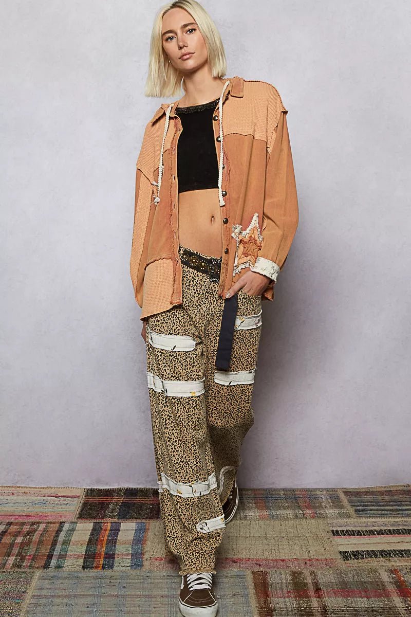 POL Button Down Hooded Jacket with with Star Patch Pattern - Bitsy Gypsy Boutique