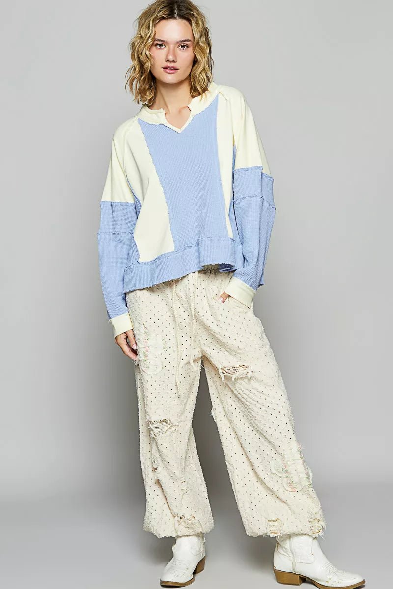 POL Color Block Waffle Knit Raw Hem Sweatshirt - Bitsy Gypsy Boutique