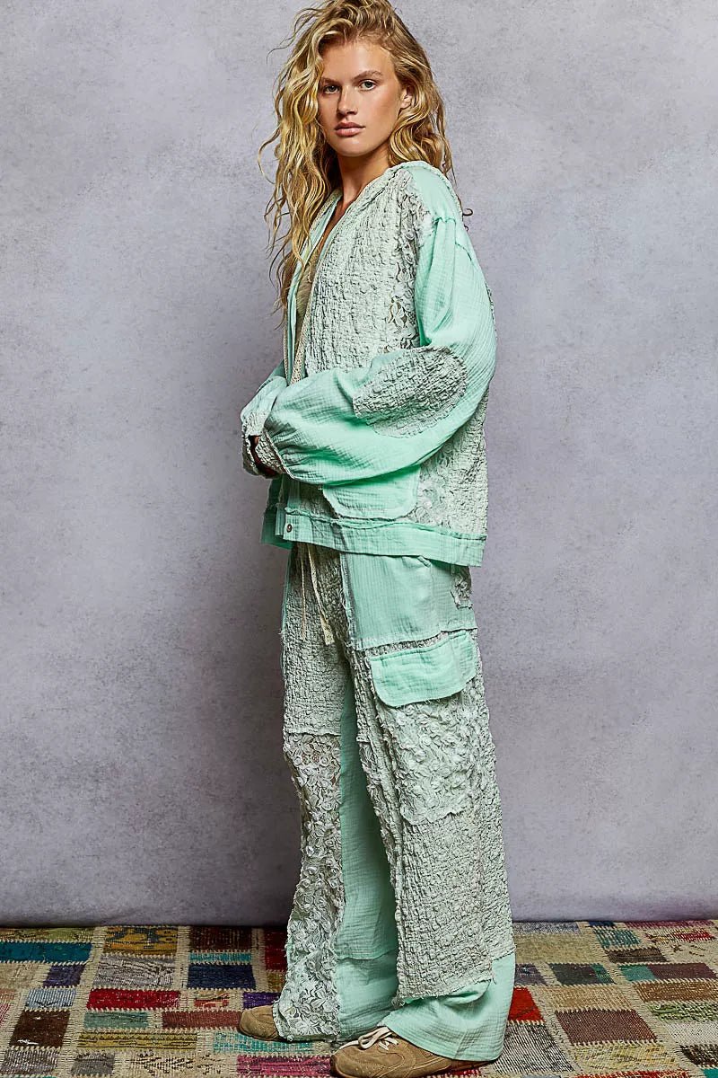 POL Exposed Seam Button Down Hooded Jacket with Lace Detail - Bitsy Gypsy Boutique