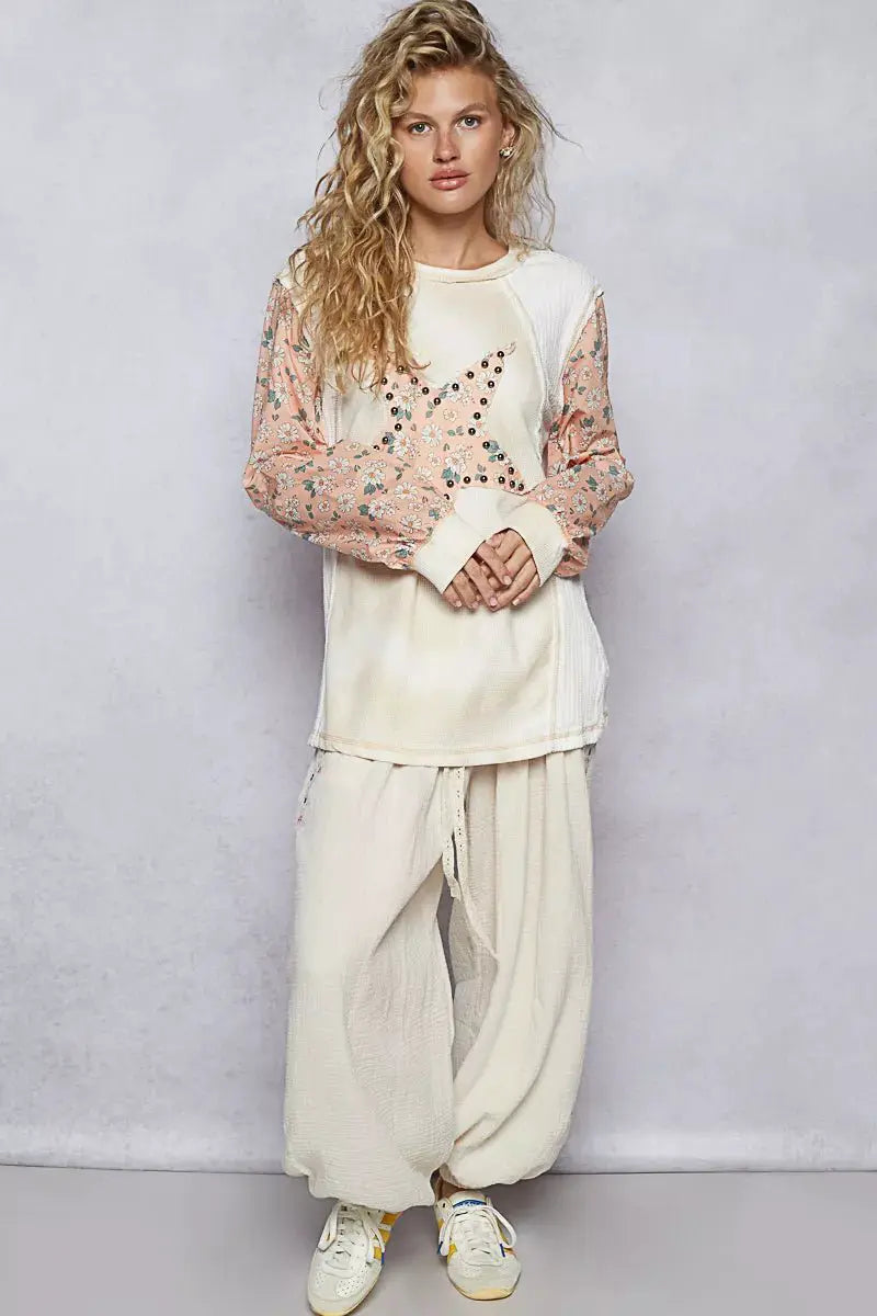 POL Exposed Seam Star Patch Thermal Top with Floral Sleeves by Trendsi