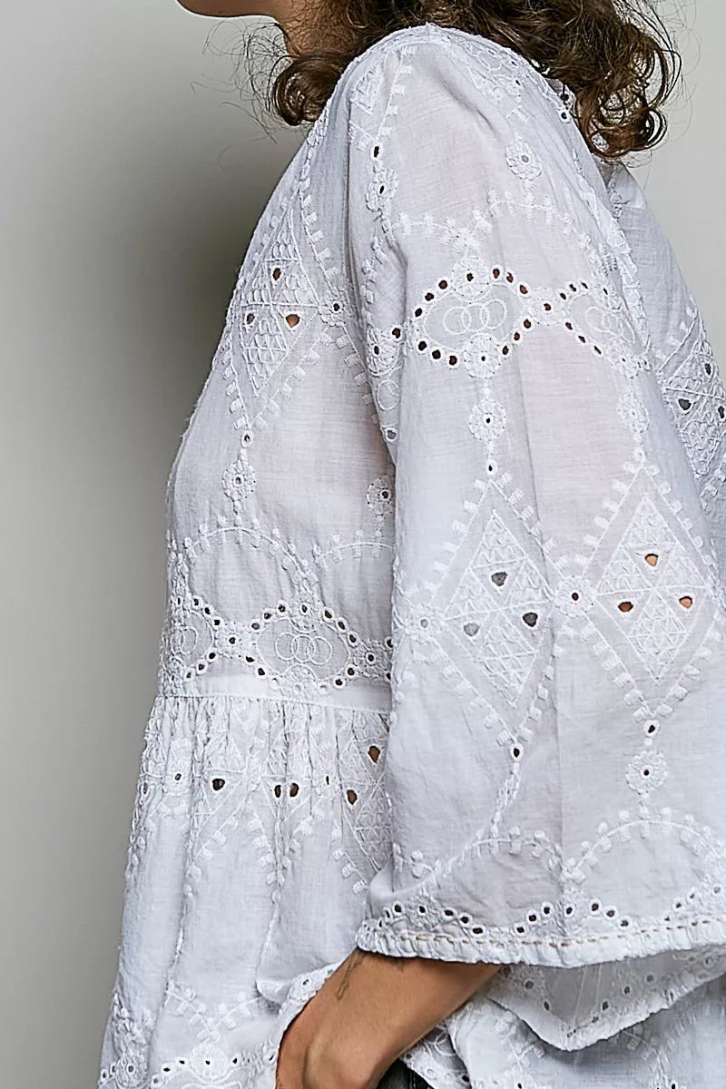 POL Eyelet Embroidery Peplum Button Front Cotton Shirt - Bitsy Gypsy Boutique