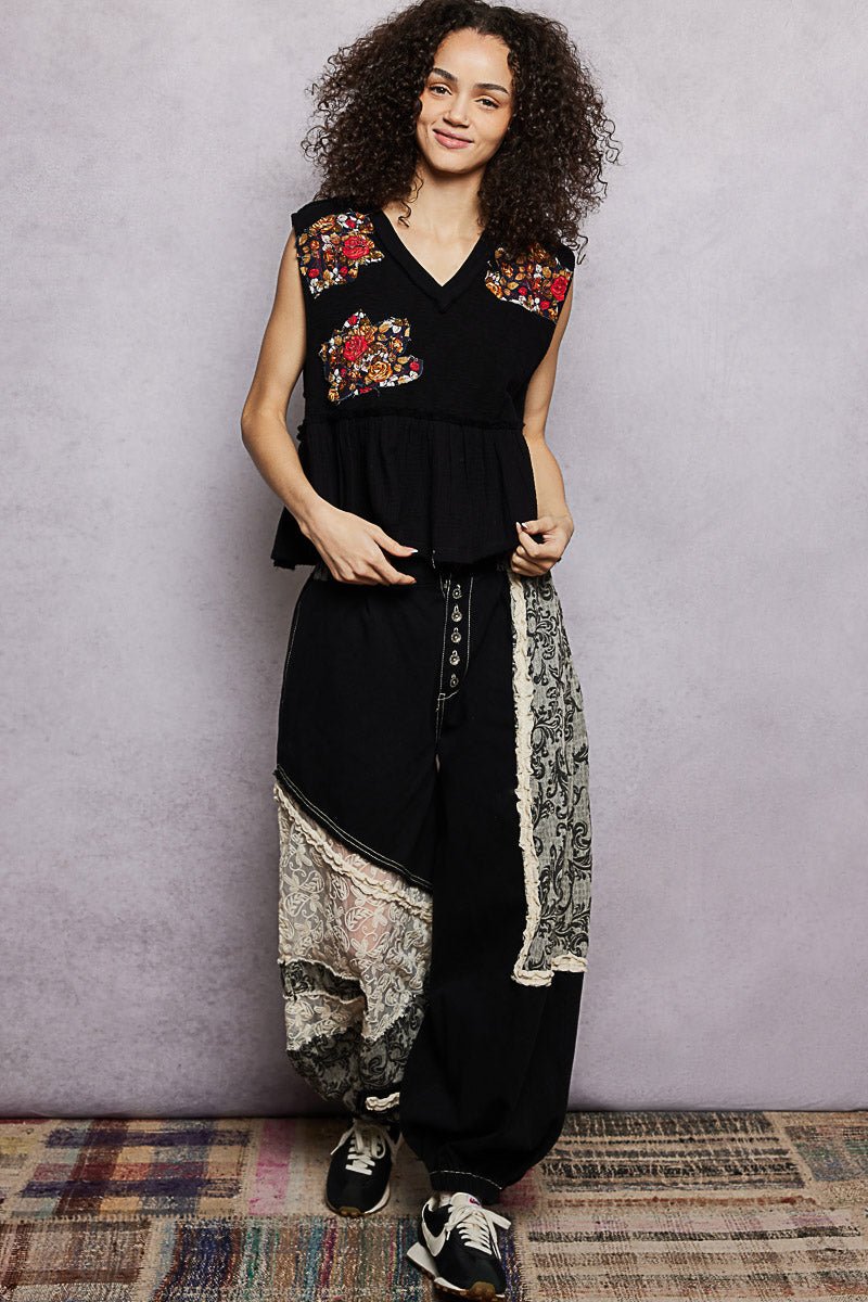 POL Floral Patch Ruffled Sleeveless Top with Raw Edge Detail - Bitsy Gypsy Boutique