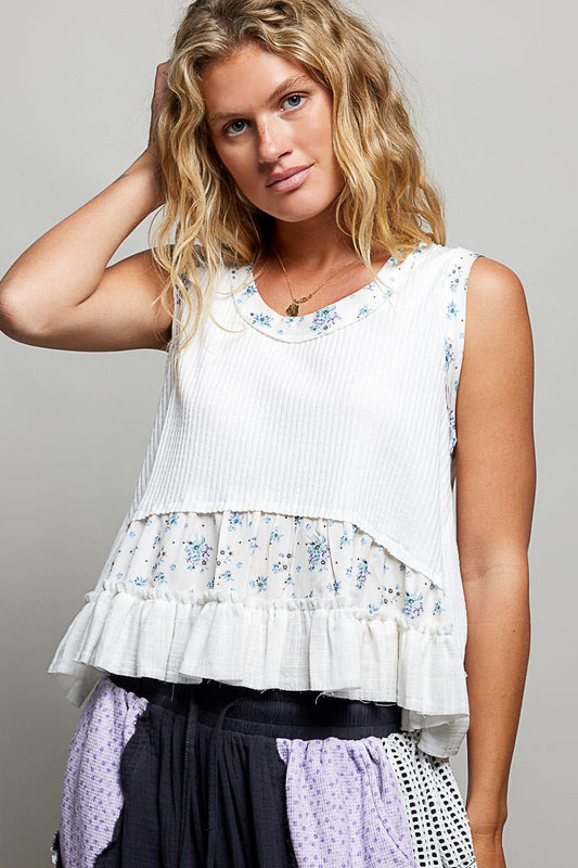 POL Floral Print Patche Round Neck Ribbed Tank with Double Gauze Ruffle Accents - Bitsy Gypsy Boutique