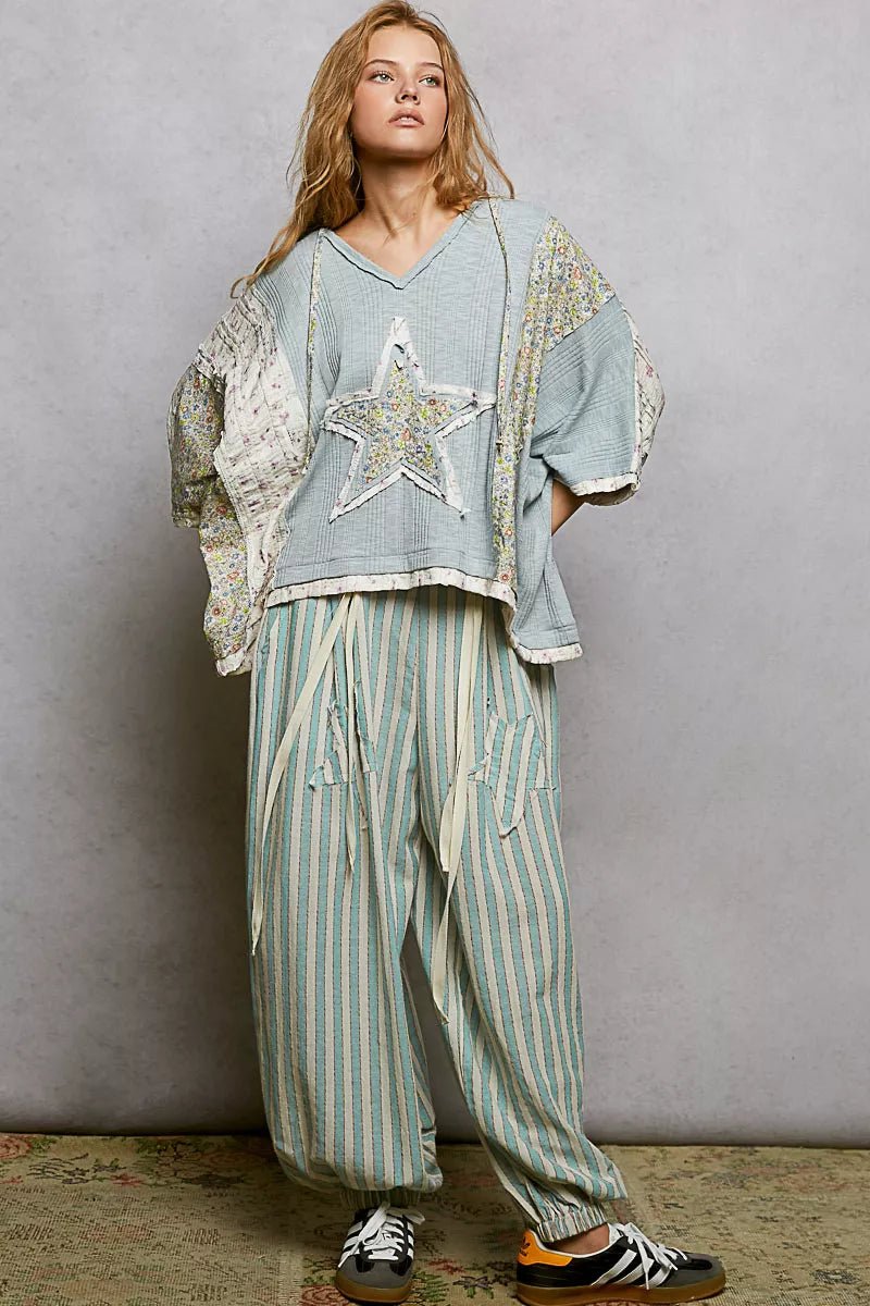 POL Floral Star Patch Hooded Blouse with Lace Contrast Detail - Bitsy Gypsy Boutique