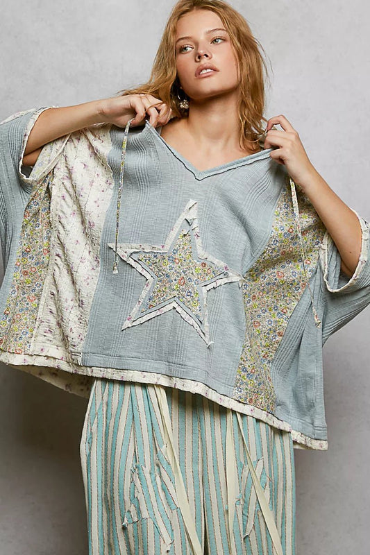 POL Floral Star Patch Hooded Blouse with Lace Contrast Detail - Bitsy Gypsy Boutique