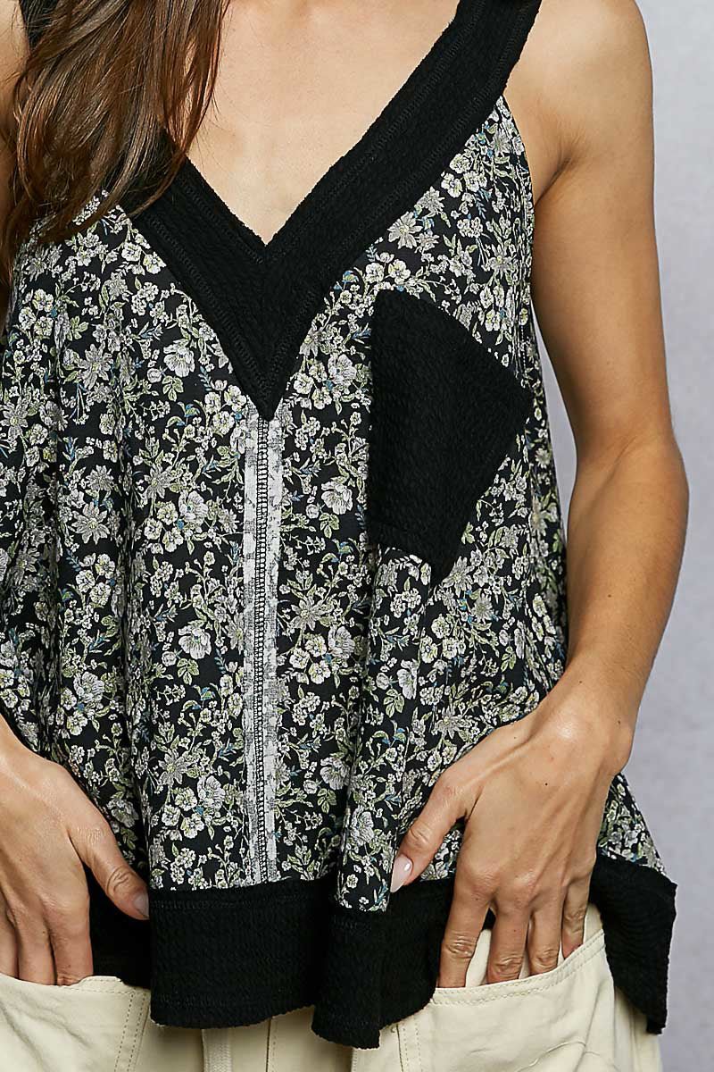 POL Floral V - Neck Tank with Front Pocket - Bitsy Gypsy Boutique