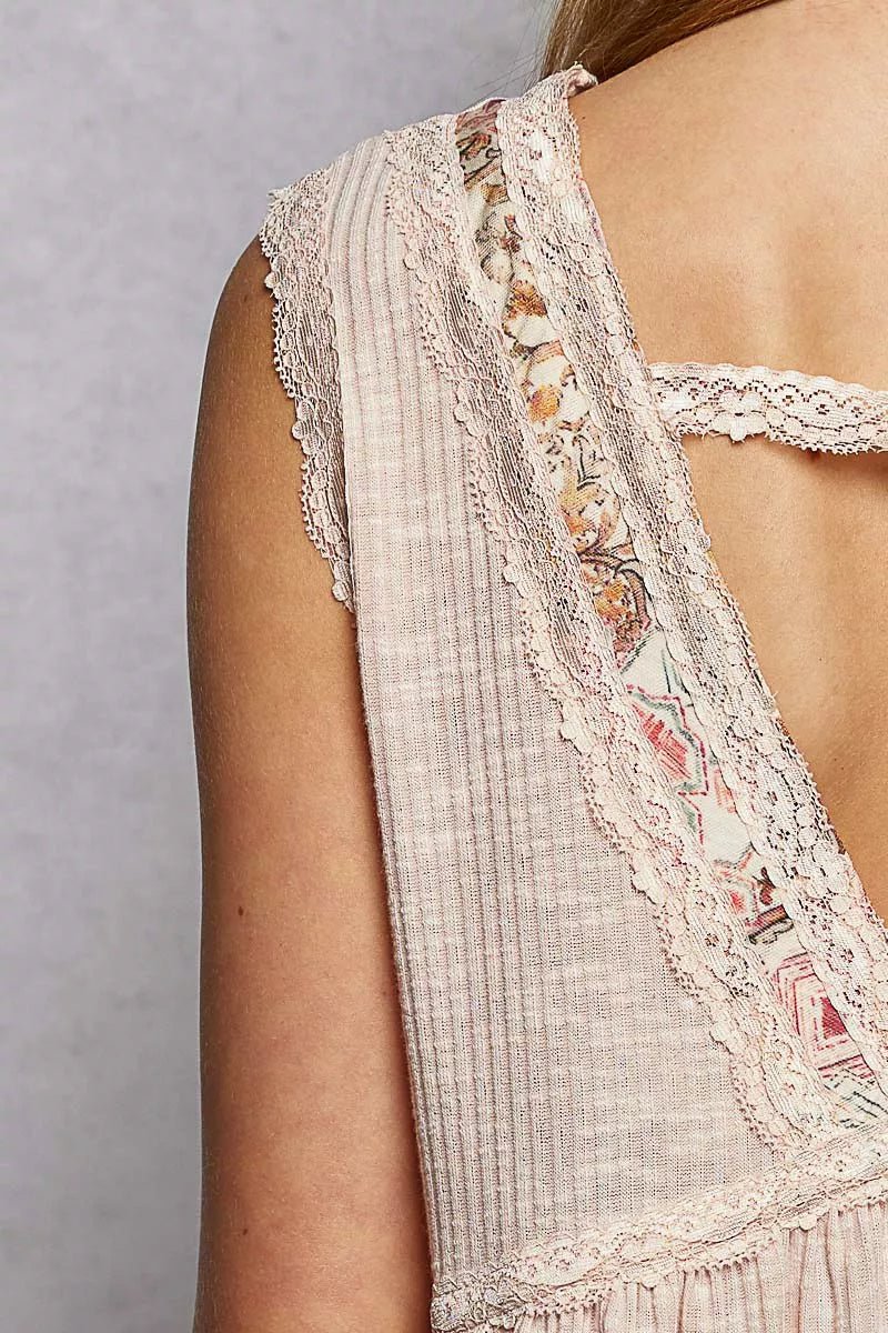 POL Lace Detail Ruffled Ribbed Sleeveless Top with Floral Pattern Trim Detail - Bitsy Gypsy Boutique
