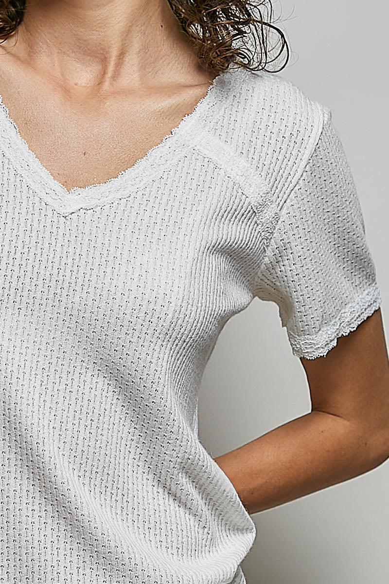 POL Lace Detail V - Neck Short Sleeve Textured T-Shirt - Bitsy Gypsy Boutique