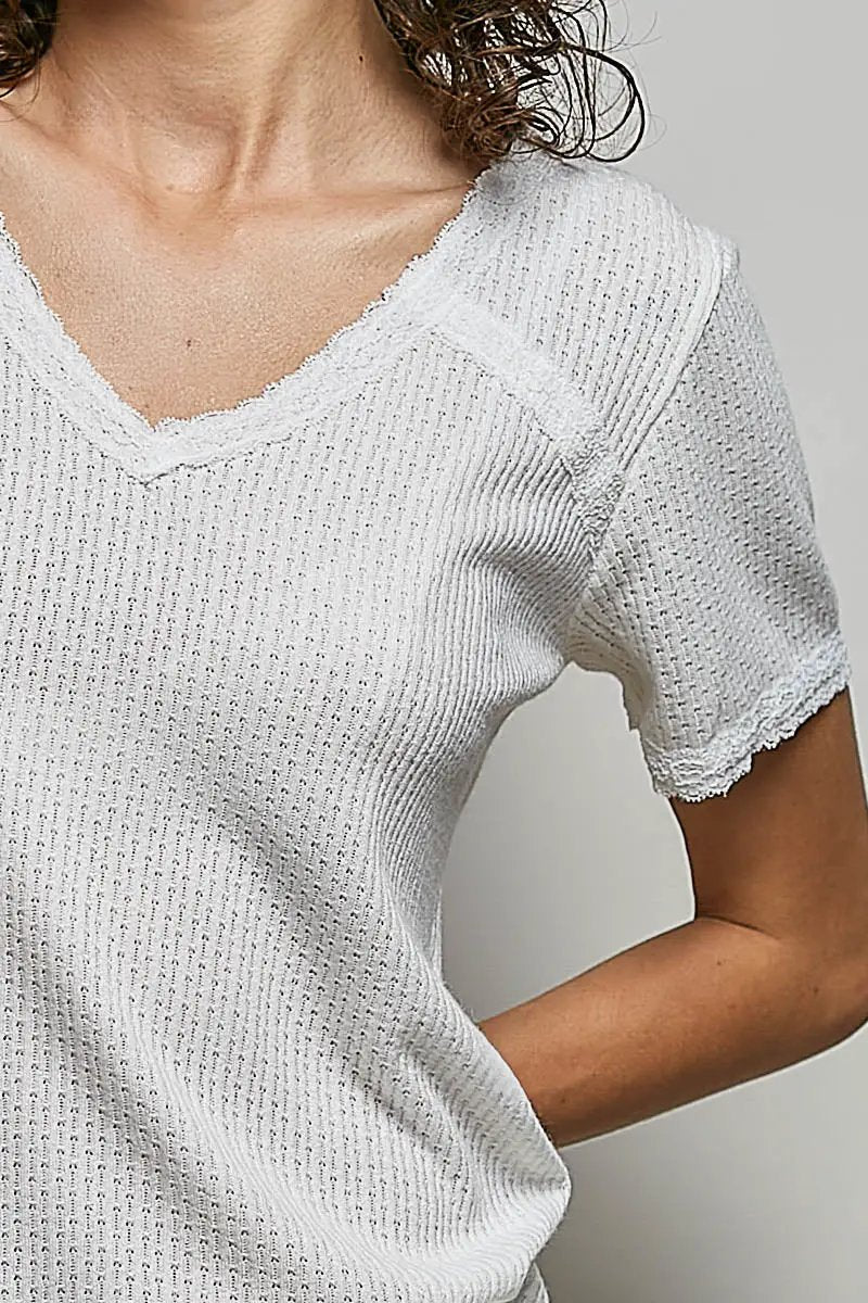 POL Lace Detail V-Neck Short Sleeve Textured T-Shirt by Trendsi