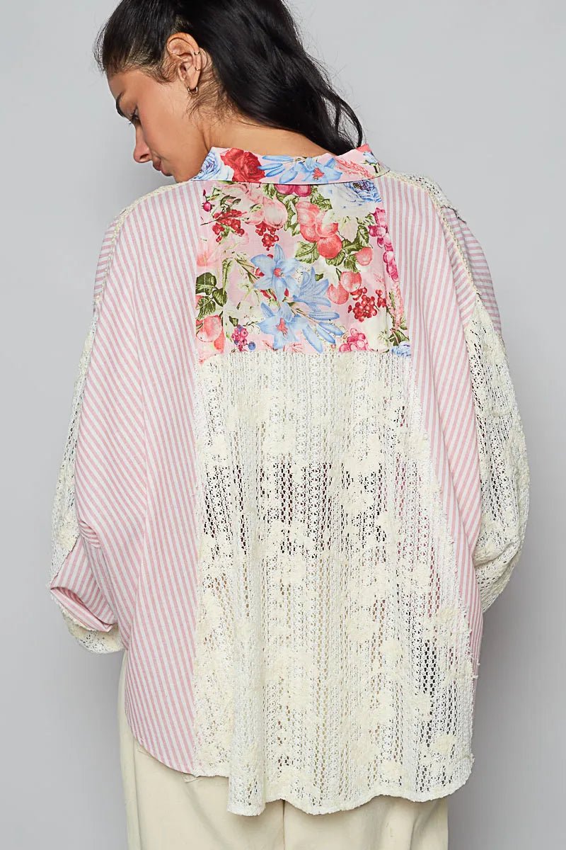 POL Lace Long Sleeve Shirt with Floral and Striped Pattern - Bitsy Gypsy Boutique
