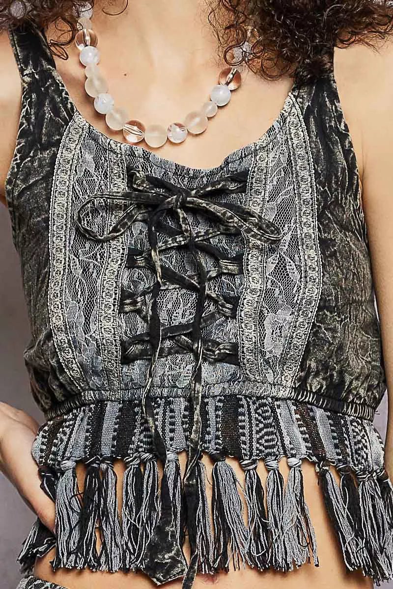 POL Lace - Up Fringe Hem Tank with Lace Detail - Bitsy Gypsy Boutique