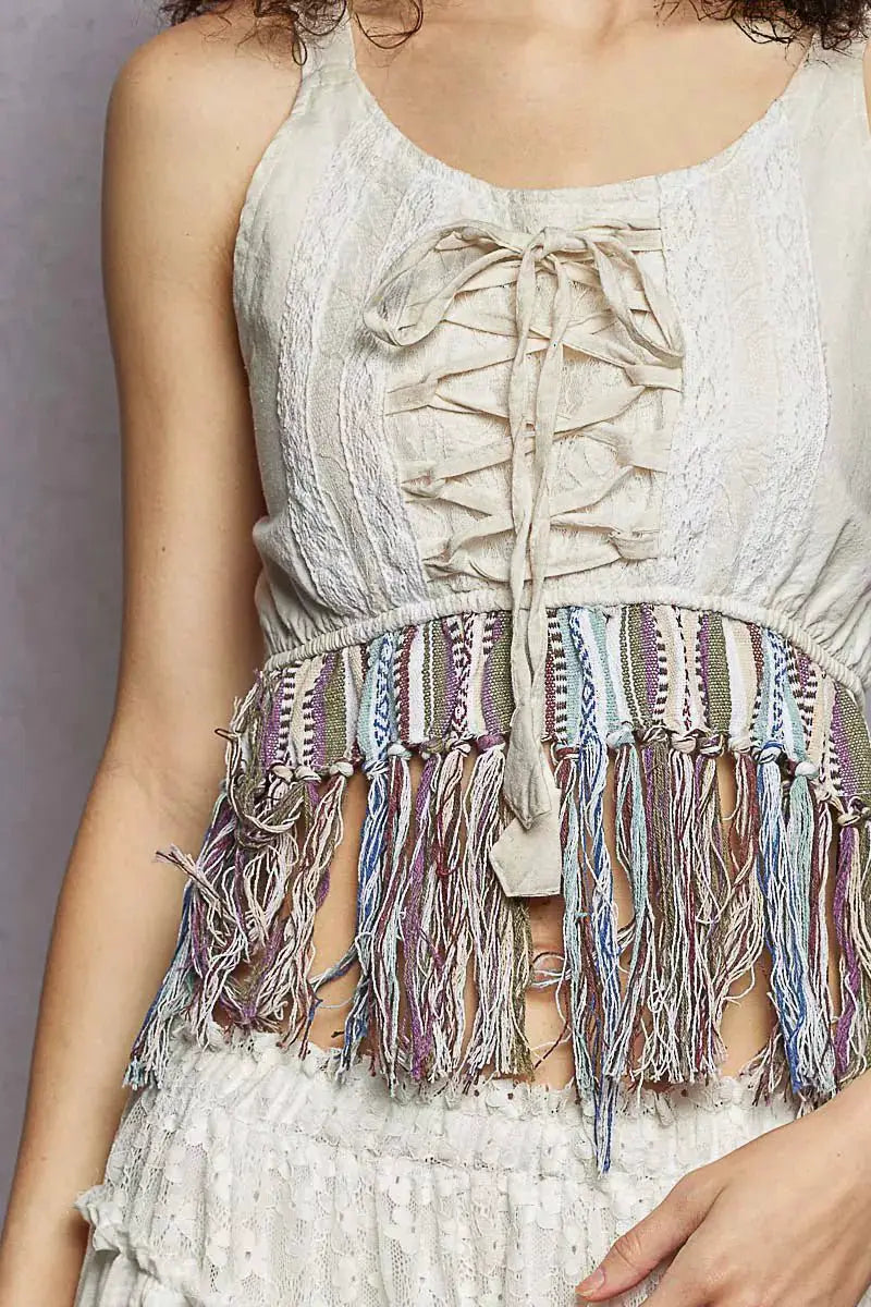 POL Lace-Up Fringe Hem Tank with Lace Detail by Trendsi
