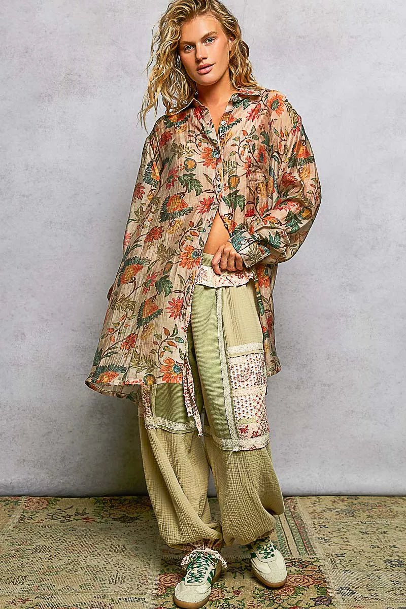 POL Metal Button Down Floral Long Sleeve Shirt - Bitsy Gypsy Boutique