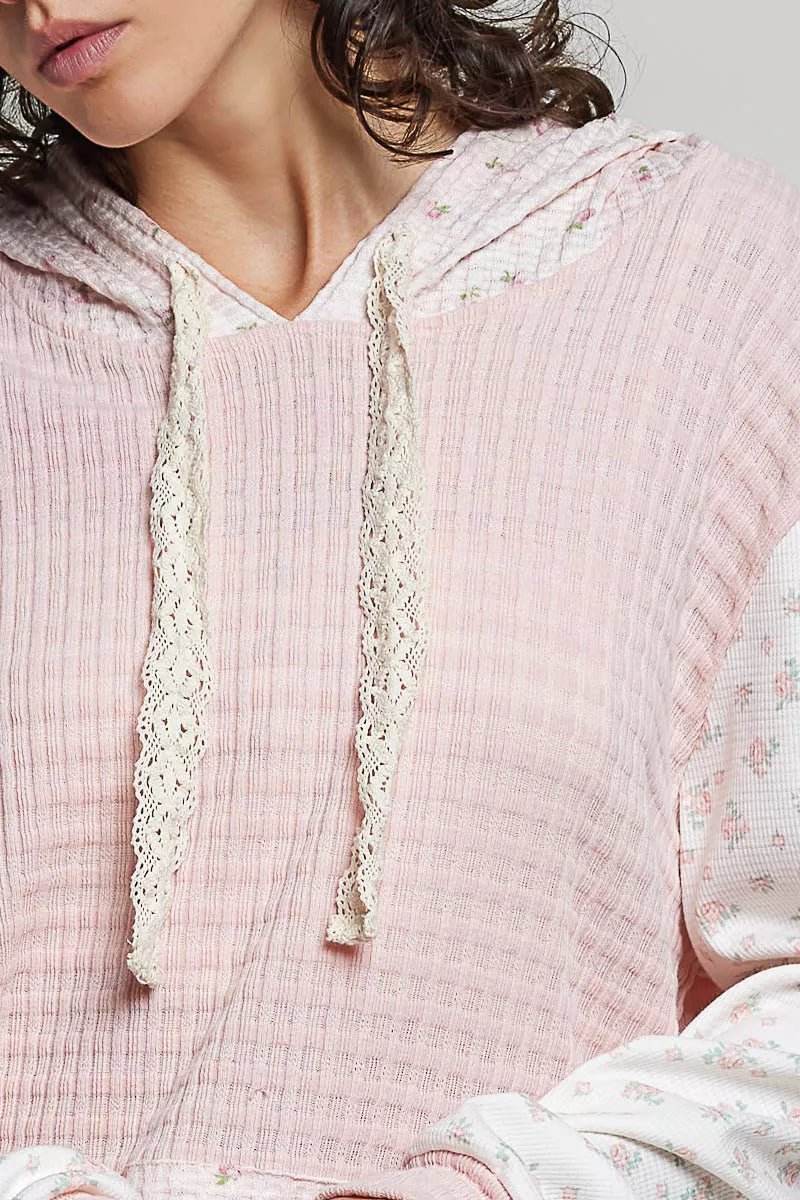 POL Mixed Knit Contrast Print Sleeve Hoodie with Kangaroo Pocket - Bitsy Gypsy Boutique