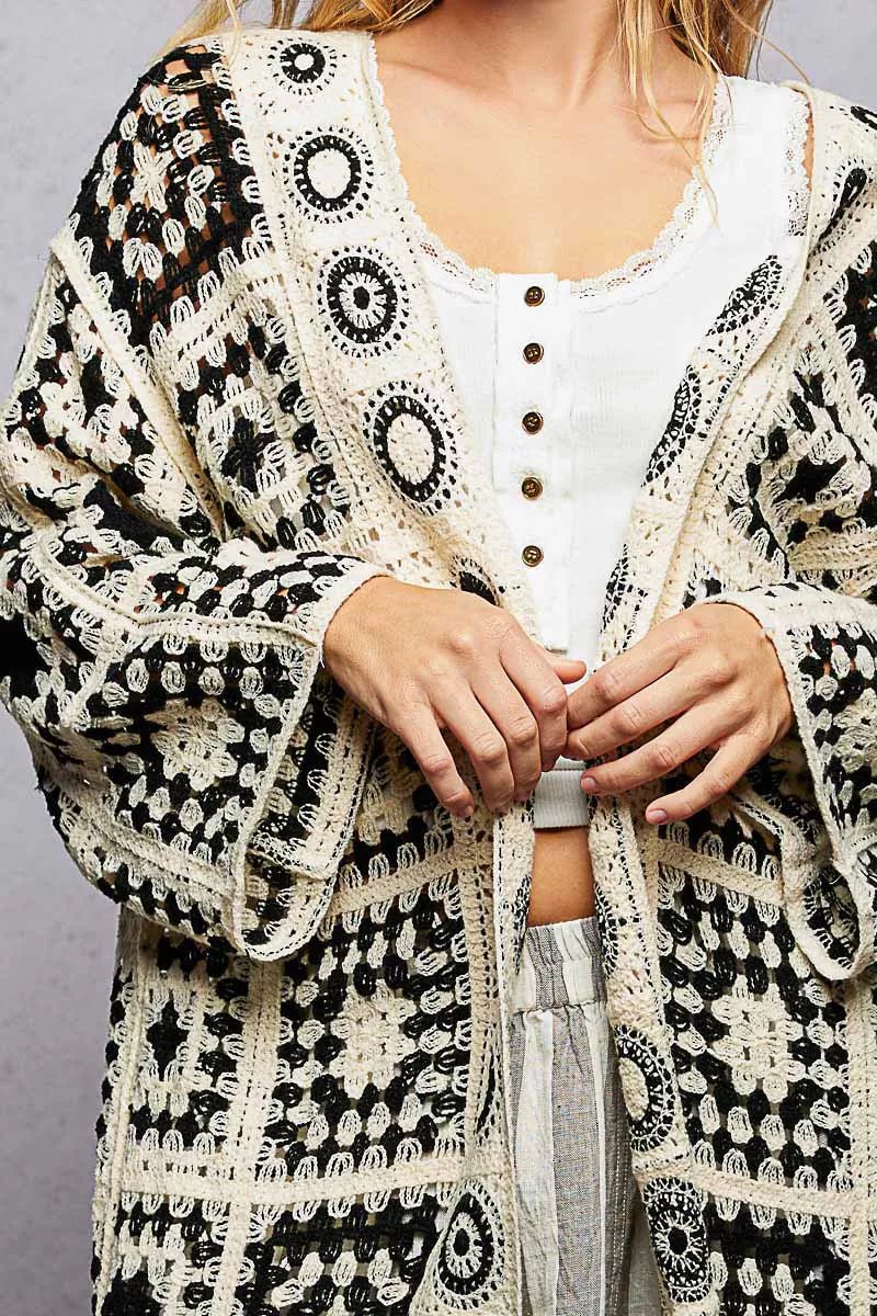 POL Open Front Crochet Cardigan with Granny Square Pattern - Bitsy Gypsy Boutique