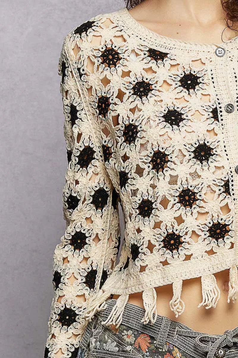 POL Openwork Floral Crochet Cardigan with Tassel Hem - Bitsy Gypsy Boutique