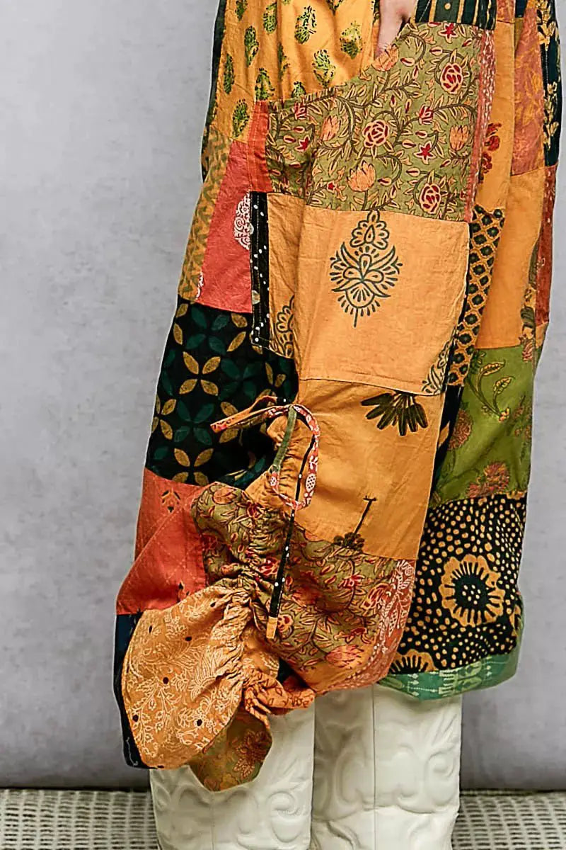 POL Printed Patchwork Wide Leg Pants with Adjustable Side Drawstring by Trendsi