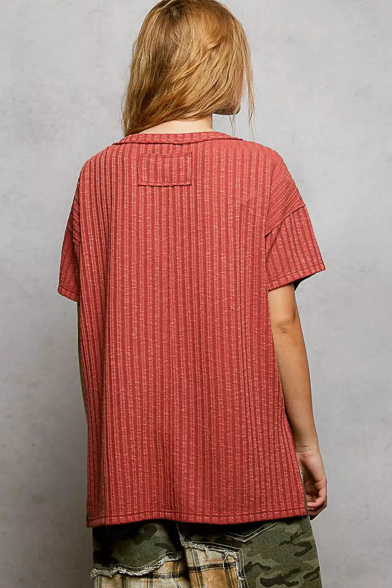 POL Ribbed Knit V-Neck Short Sleeve T-Shirt with Side Slit by Trendsi