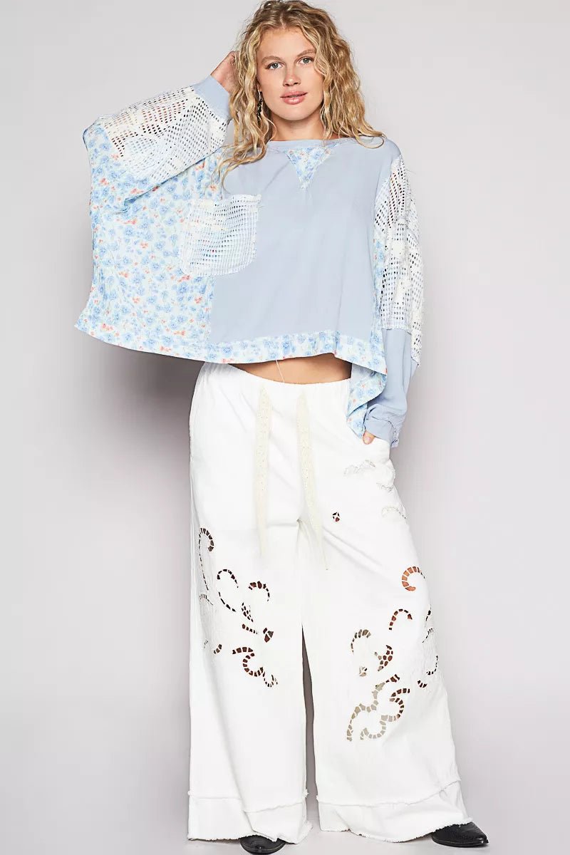 POL Round Neck Cropped Gauze Floral Pattern Top with Overlock Stitch Detail - Bitsy Gypsy Boutique
