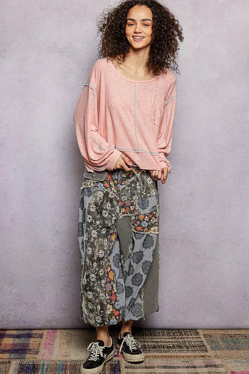 POL Round Neck Long Sleeve Exposed Seam Top with Chest Pocket - Bitsy Gypsy Boutique