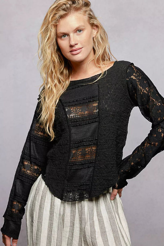 POL Round Neck Long Sleeve Exposed Seam Top with Lace Detail - Bitsy Gypsy Boutique
