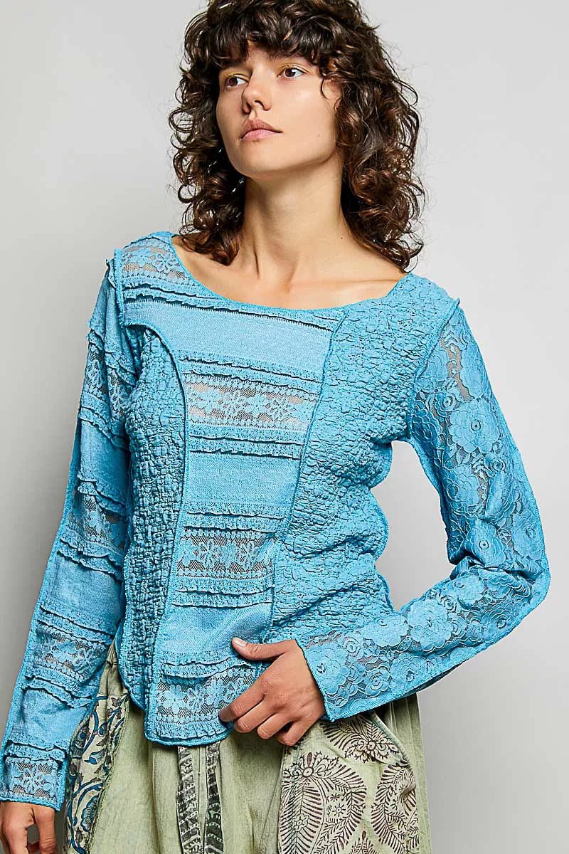 POL Round Neck Long Sleeve Exposed Seam Top with Lace Detail - Bitsy Gypsy Boutique