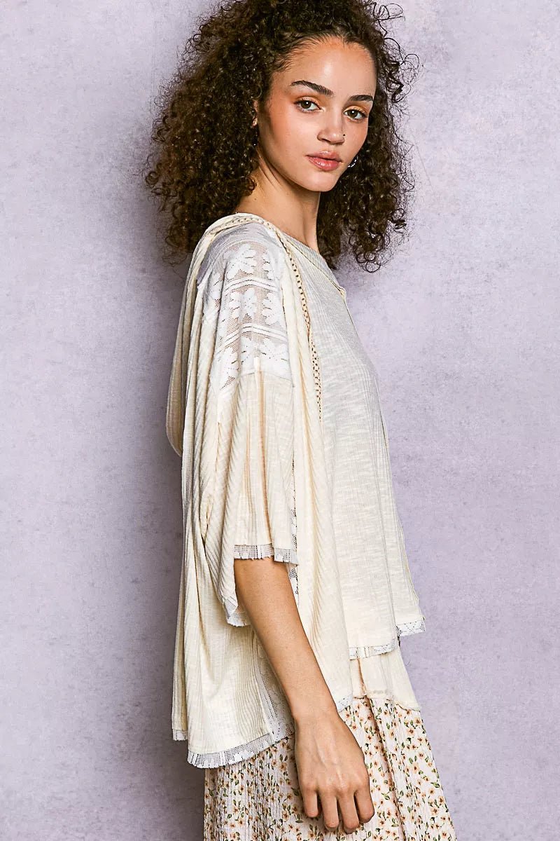 POL Short Sleeve Hoodie Top with Lace Detail - Bitsy Gypsy Boutique