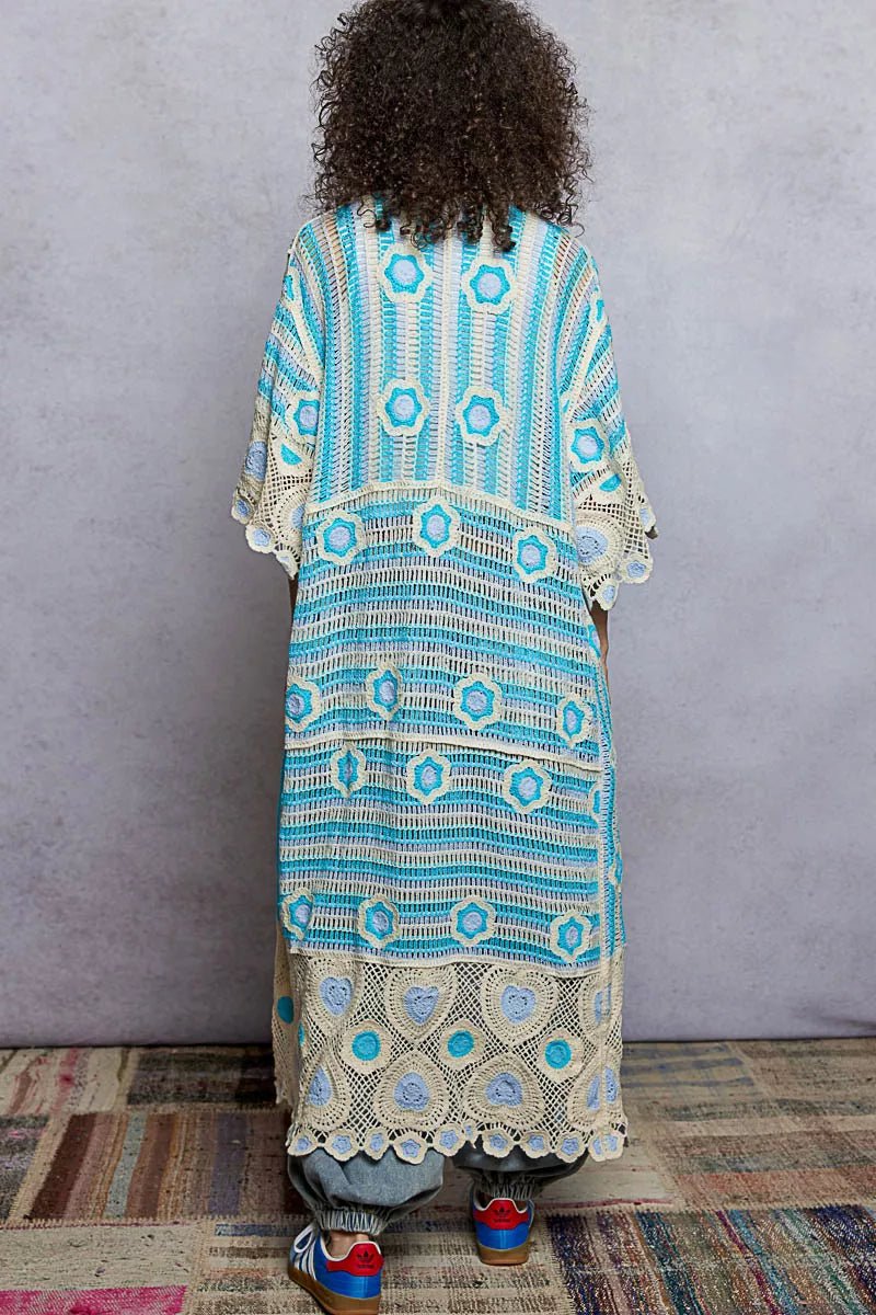 POL Striped and Floral Pattern Crochet Longline Cardigan - Bitsy Gypsy Boutique