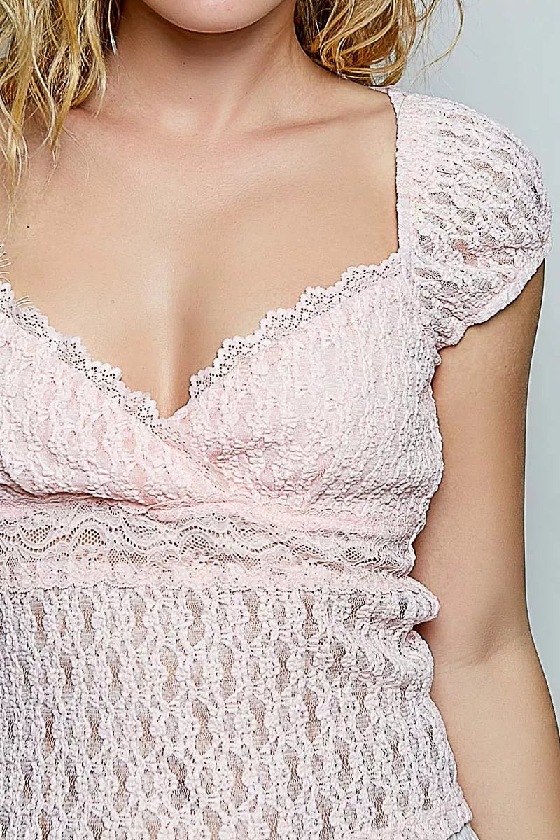 POL Sweetheart Neck Lace Short Sleeve Top - Bitsy Gypsy Boutique