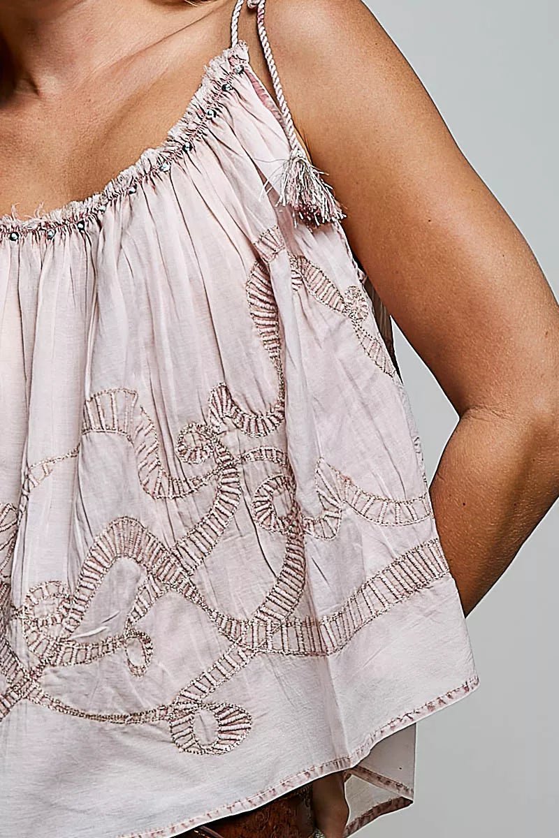 POL Tassel Shoulder Tie Embroidered Sleeveless Woven Top - Bitsy Gypsy Boutique