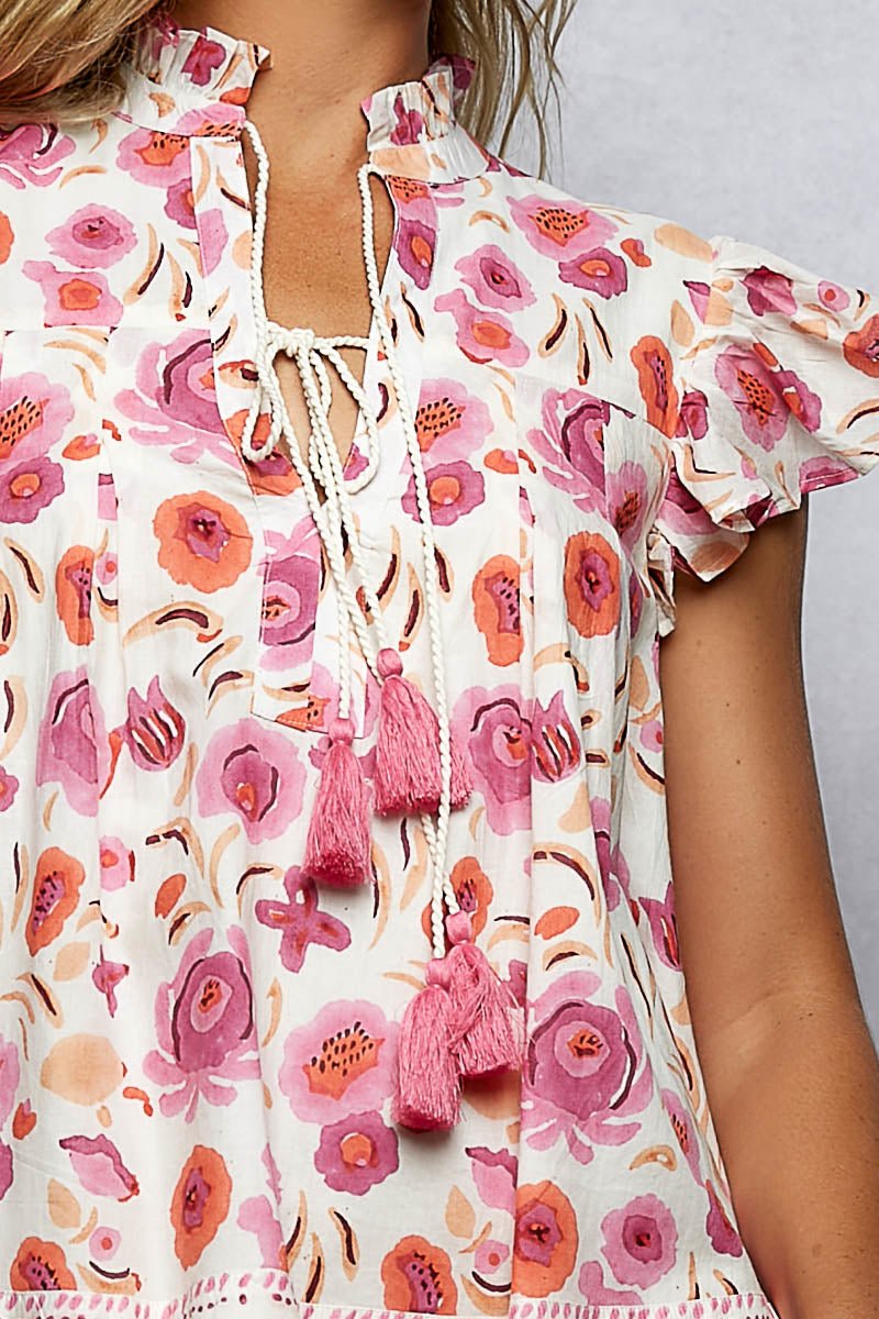POL Tassel Tied Floral Flutter Sleeve Blouse - Bitsy Gypsy Boutique