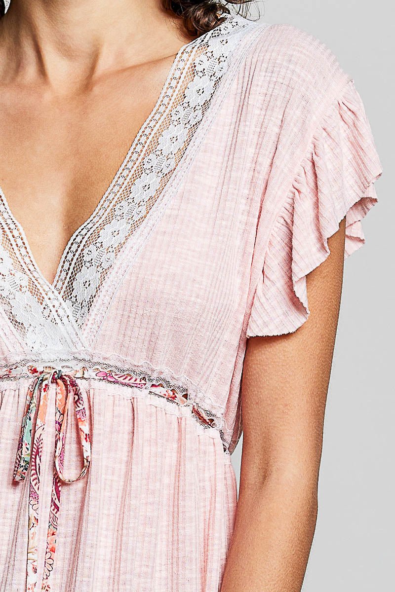 POL Tied Ruffled V - Neck Short Sleeve Blouse with Lace Detail - Bitsy Gypsy Boutique