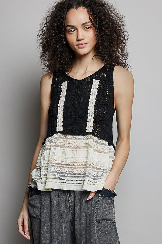 POL V - Neck Crochet Sweater Vest with Lace Trim - Bitsy Gypsy Boutique