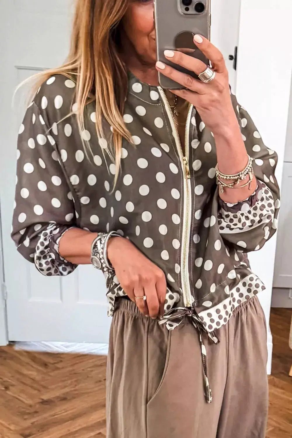 Polka Dot Contrast Detail Zip-Up Long Sleeve Shacket - Bitsy Gypsy Boutique