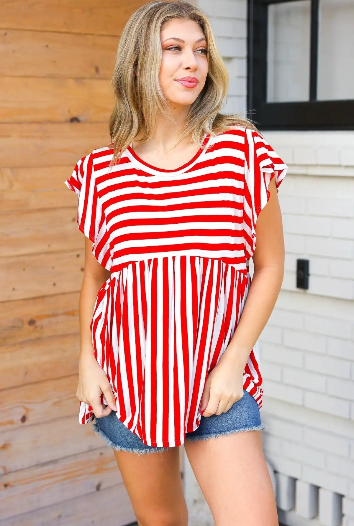 Red Stripe Babydoll Flutter Sleeve Top by Haptics