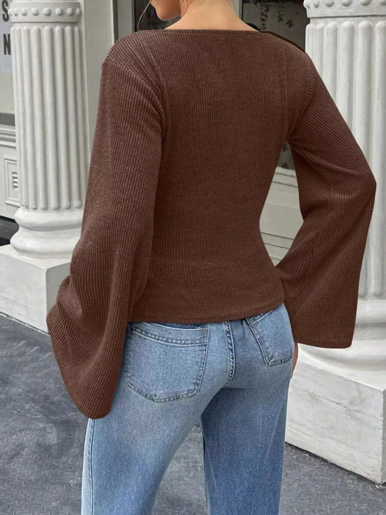 Ribbed Flare Sleeve Top with Ruched Detail by Trendsi