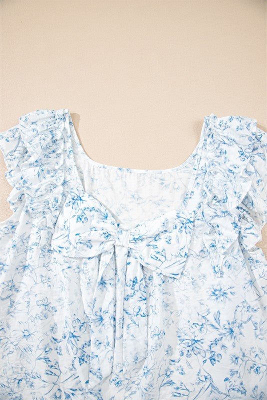 Ribbon Back Blue Floral Viscose Blouse - Bitsy Gypsy Boutique