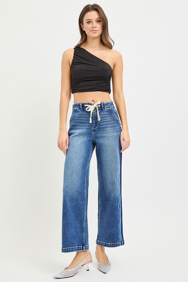 RISEN Elastic Band High Rise Cropped Wide Jeans - Bitsy Gypsy Boutique