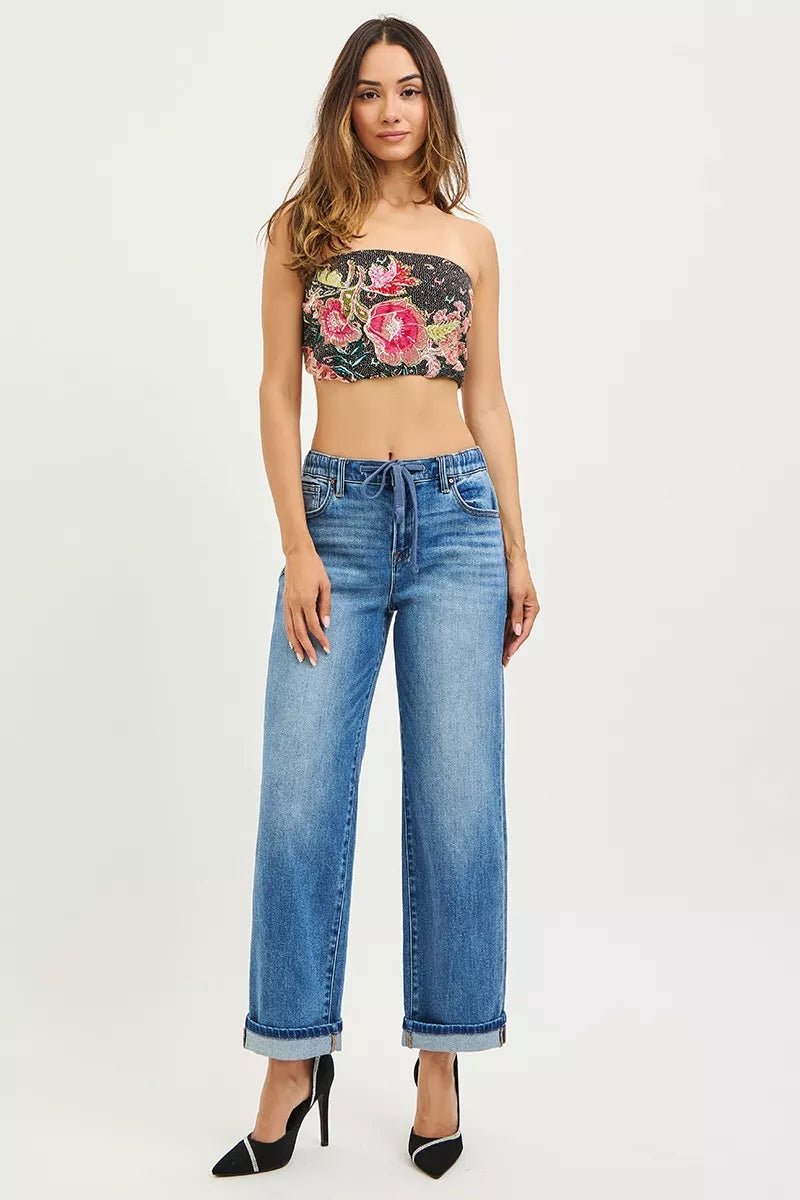 RISEN Elastic Band Slouch Ankle Boyfriend Cuffed Hem Jeans - Bitsy Gypsy Boutique